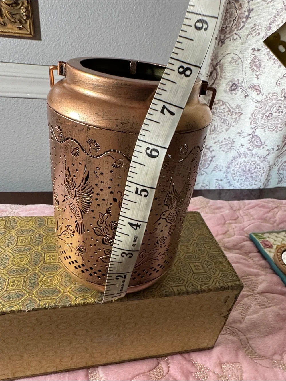 Hummingbird Copper Tone Decorative Lantern with Bird and Floral Cutwork